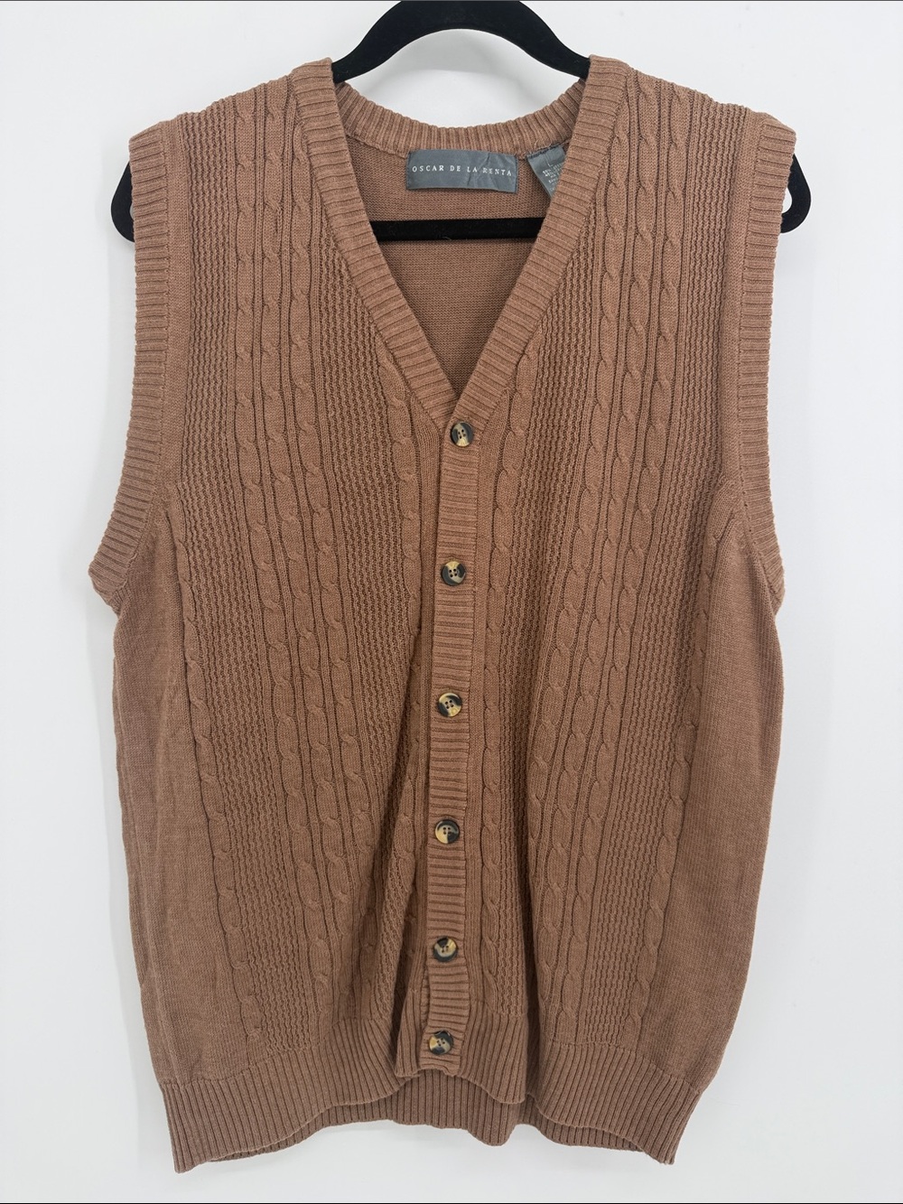 Oscar de la Renta Brown Cable-Knit Button Front Sweater Vest Mens Large Academia